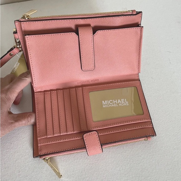 New Michael Kors Jet Set Travel Double zip wristlet Saffiano Leather Sherbert - Picture 4 of 5